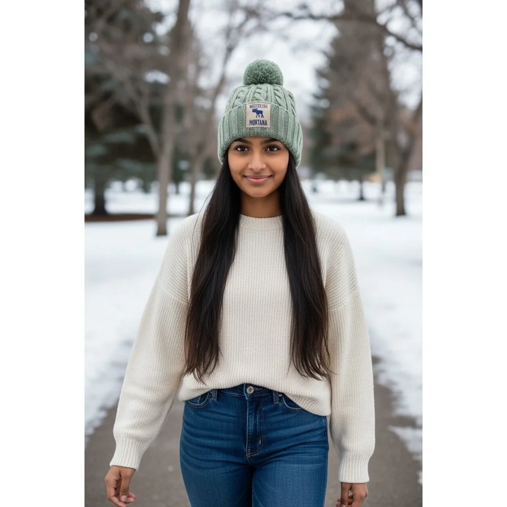 Legacy Whitefish Montana Sage Green Cable Knit Pom‎ Beanie Hat One Size